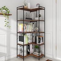 VEDECASA 5 Tiers Corner Bookshelf 5 Tiers Deformable Corner Bookcases Industrial Freestanding Bookshelf Storage Display Rack with Metal Frame for Living Room Home Bedroom Home Office Study Room