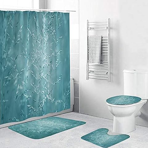 Wheat Shower Curtains with Bath Mats,4 Piece Blue Machine Washable Mildew Proof Toilet Lid Cover,Non-slip Bathroom Mat, Absorbent Pedestal Rugs and Waterproof Bathtub Curtain with Hooks (Dark Blue) Cover