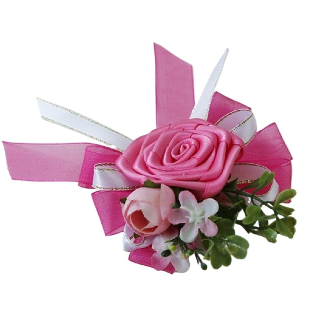 Pezzi Di Fiori Da Polso Da Sposa Per Sposa E Damigelle - Fiori Di Nastro Di Raso E Strass Blu E Bianco Rosa E Bianco Crema E Bianco 86241412