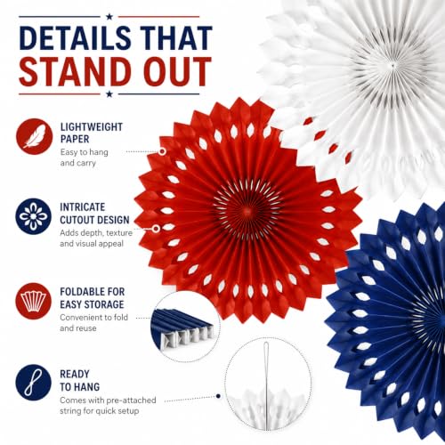Image of Red White Blue Hanging Honeycomb Round Paper Fans Decoration Patriotic Theme Tissue Paper Fan Garland for Shower Birthday Graduation Wedding Party Supplies 11 Count