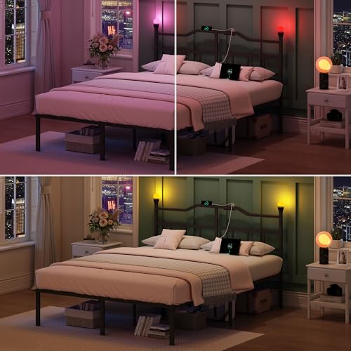 Full Bed Frame with Headboard, 14 inch Metal Bedframe with Entertainment Night Lights, Outlets & USB, Heavy Duty Basic Steel Slats Platform, Noise Free - Image 6