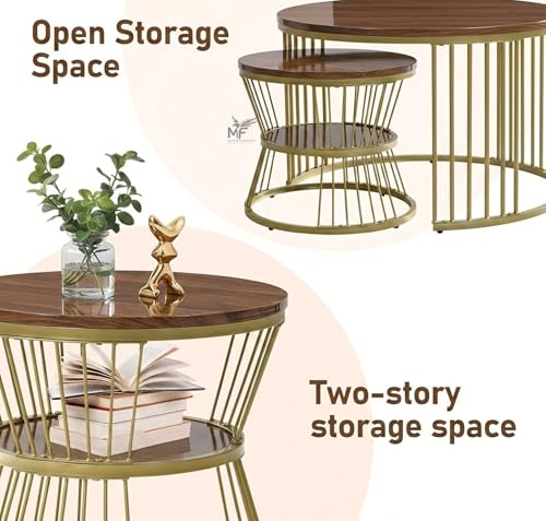 Image of MELVON Lightweight Nesting Coffee Table Set of 2, Golden Frame with Walnut Finish Top, Space Saving Round Center & Side Table for Living Room