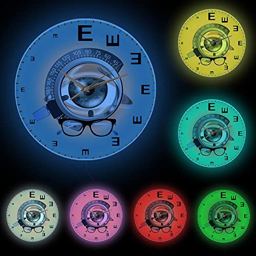 Geek Alerts Medical Eye Chart Test Exam Luminous Wall Clock Sight Check Optometry 12inch Acrylic Silent Hanging Watch with Remote Control 7 Color Light for Doctor Clinic Office Decor