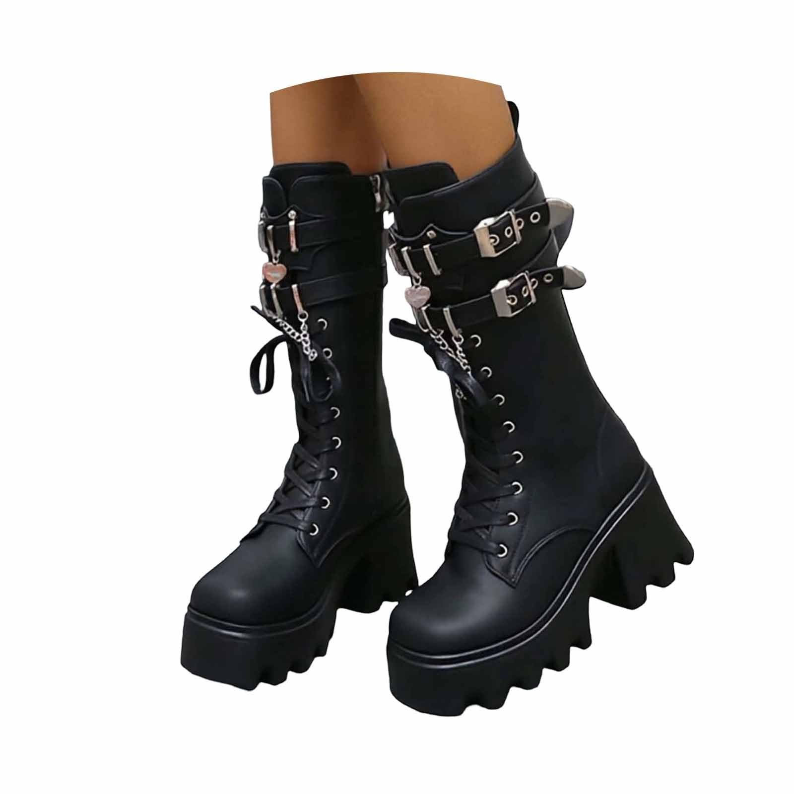 Generisch Damen Gothic Punk Plateau Stiefel Chunky hohe Plattform Mid Calf Absatz Spitze Up & Reißverschluss Runde Zehe Schnallen Kampfstiefel Moto Stiefel Rave Gothic Schuhe Leicht und komfortabel