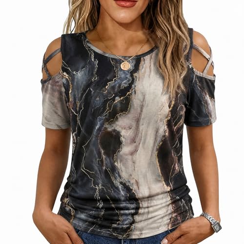 Image of Jar of Love Women's Summer Tops Short Sleeve Cold Shoulder Tops T-Shirts for Women Spring Summer Tops Loose Fit Tunic 2026