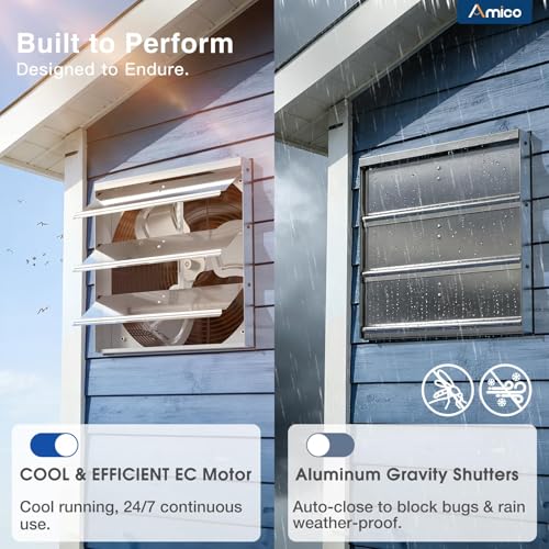 Image of Amico 14 Inch Shutter Exhaust Fan with Remote,Energy Efficient &Quiet 35W EC Motor 1600 CFM Wall Mount Ventilation Fan for Garage,Greenhouse,Attic&Chicken Coop,9-Speed Adjustable,Plug In,Timer,FCC