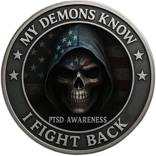 Moneda de desafío para veteranos de concienciación sobre el trastorno de estrés postraumático, My Demons Know I Fight Back, monedas conmemorativas de apoyo de coraje para veteranos y veteranos (1 - Vista 2