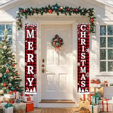 Pargleev Merry Christmas Decorations Outdoor Yard Sign Set, Red Black Buffalo Plaid Door Banner, Versatile Indoor Outdoor Xmas Decor for Wall, Front Door, and Yard Cover