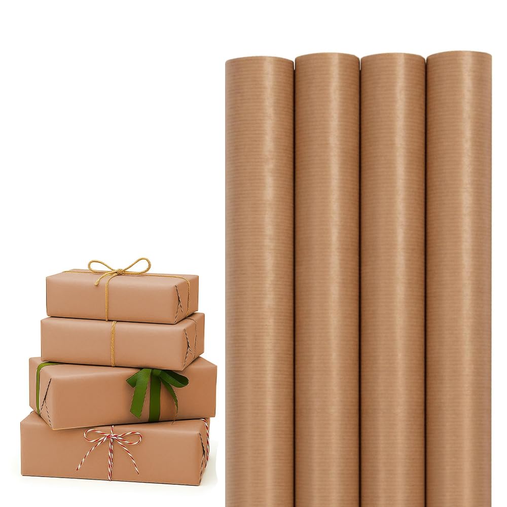 Plain Kraft Paper Roll 3M x 70CM - 4 Pack Brown Parcel Wrapping Paper for Posting, Packing, Gift Wrap, Crafting Art Projects, Parcel Packaging and Shipping