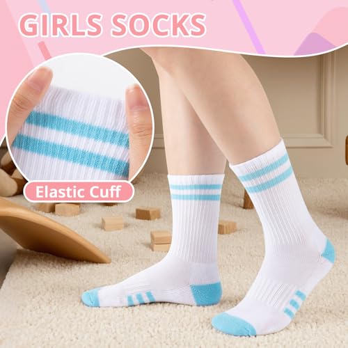 Comfoex 10 Pairs Girls Crew Long Athletic Socks for 4-6 6-8 8-10 Years Old Kids Calf Sports Cotton Socks Half Cushioned4