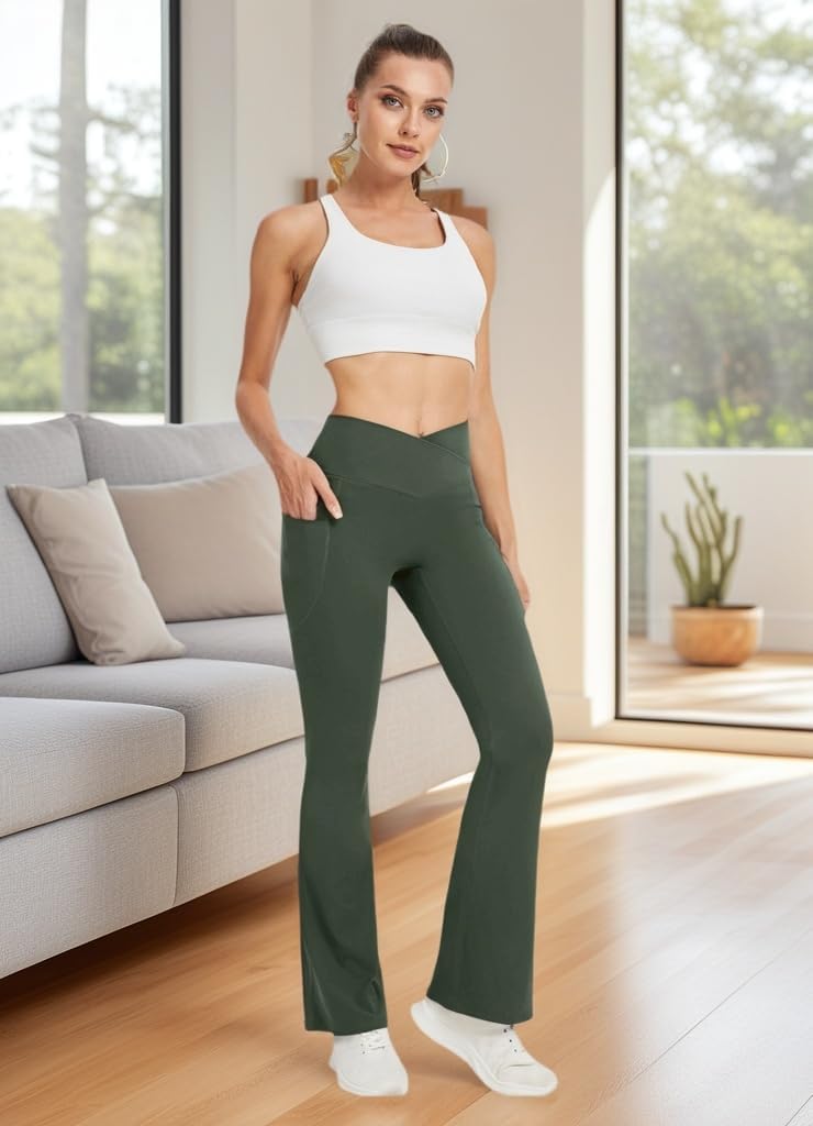 Women's Yoga Pants with Pockets No Front Seam Crossover High Waisted Flare Leggings Tummy Control Bootcut Pants - Image 3