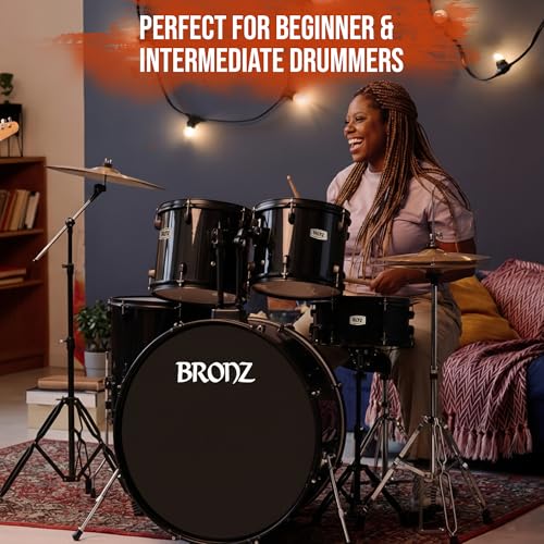 Image of ARCTIC Bronze 5 Piece Complete Acoustic Drum Kit /Drumset with drumsticks, Cymbals and throne With Hardware. Best Sounding shells, most durable build. (Black) (BDS-501-BK)