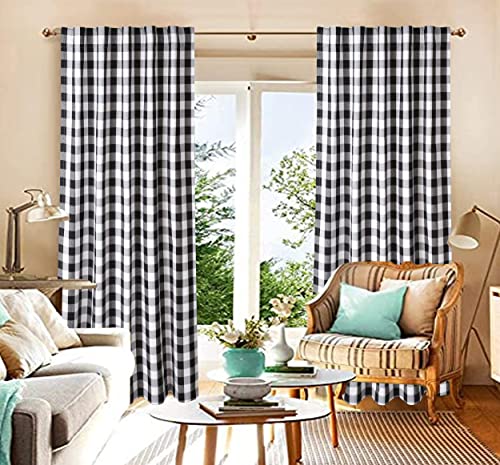 Life By Cotton Buffalo Curtains Black And White Panel In Plaid Cotton 50" W X 96" L - Set Of 2, Black & White Gingham Check Curtain 96 Inch Plaid Farmhouse Style Tab Top Curtains For Living Room #TOP4