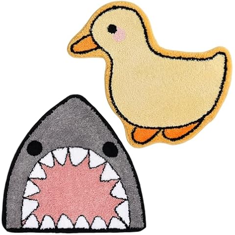 TRUEDAYS Cute Bath Mat Bathroom Rug Bundle - Shark Shaped and Duck Shaped Small Non Slip Bath Rug - Extra Soft and Absorbent Microfiber Bath Rugs for Bathroom Cover