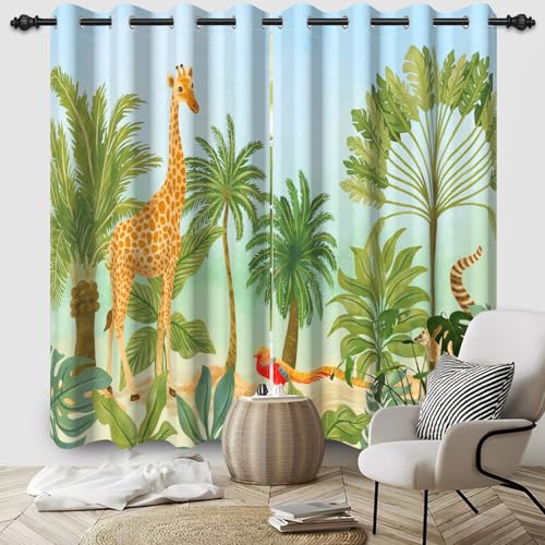 DASHAN Wild Animals Blackout Curtains for Kids Children Bedroom 63 inch Long 2 Panels Giraffe Jungle Forest Art Printed Window Curtains for Nursery Living Room Window Drapes 42Wx63L