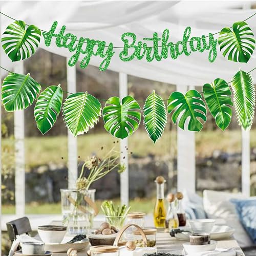 Image of Tropical Green Palm Leaf Happy Birthday Banners Hawaiian Luau Decorations for Summer Theme Jungle Baby Shower Supplies