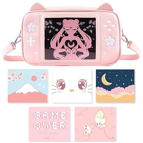 BelugaDesign Sakura Game Purse | Ita Cute Kawaii Ears Pink Pastel Everyday Handbag Crossbody Bag | 6 Removable Anime Moon Cat Mountain Japanese Cherry Blossom Cards Compatible with Nintendo Switch