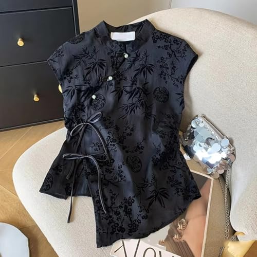 Women's Retro Chinese Style Cheongsam Top Summer Black Jacquard Short Sleeve Button Blouse T-Shirt4