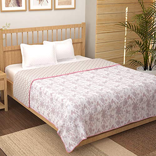 Image of Story@Home Dohar Double Bed Cotton 100% | 150GSM 225 x240 cm Quilt AC Blanket for Summer | AC Comforter Double Bed | Baby Pink & White, Floral Reversible Design Duvet | All-Season Blanket