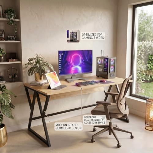 Image of TEKAVO Remik Study Table for Home & Office | Computer Table for Home pc | Wooden Gaming Workstation Desk with Heavy Duty Metal | 150 cm Table | MileOak