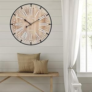 24 Inch Grand Farmhouse Wall Clock, Vintage-Inspired Wood & Metal Design with Large Etched Numbers, Silent Battery-Powered Timepiece for Offices, Kitchens, Bedrooms, and Living Rooms 24 Inch Grand Farmhouse Wall Clock Vintage Inspired Wood Metal Design with Large Etched Numbers Silent Battery Powered Timepiece for Offices Kitchens Bedrooms and Living Rooms