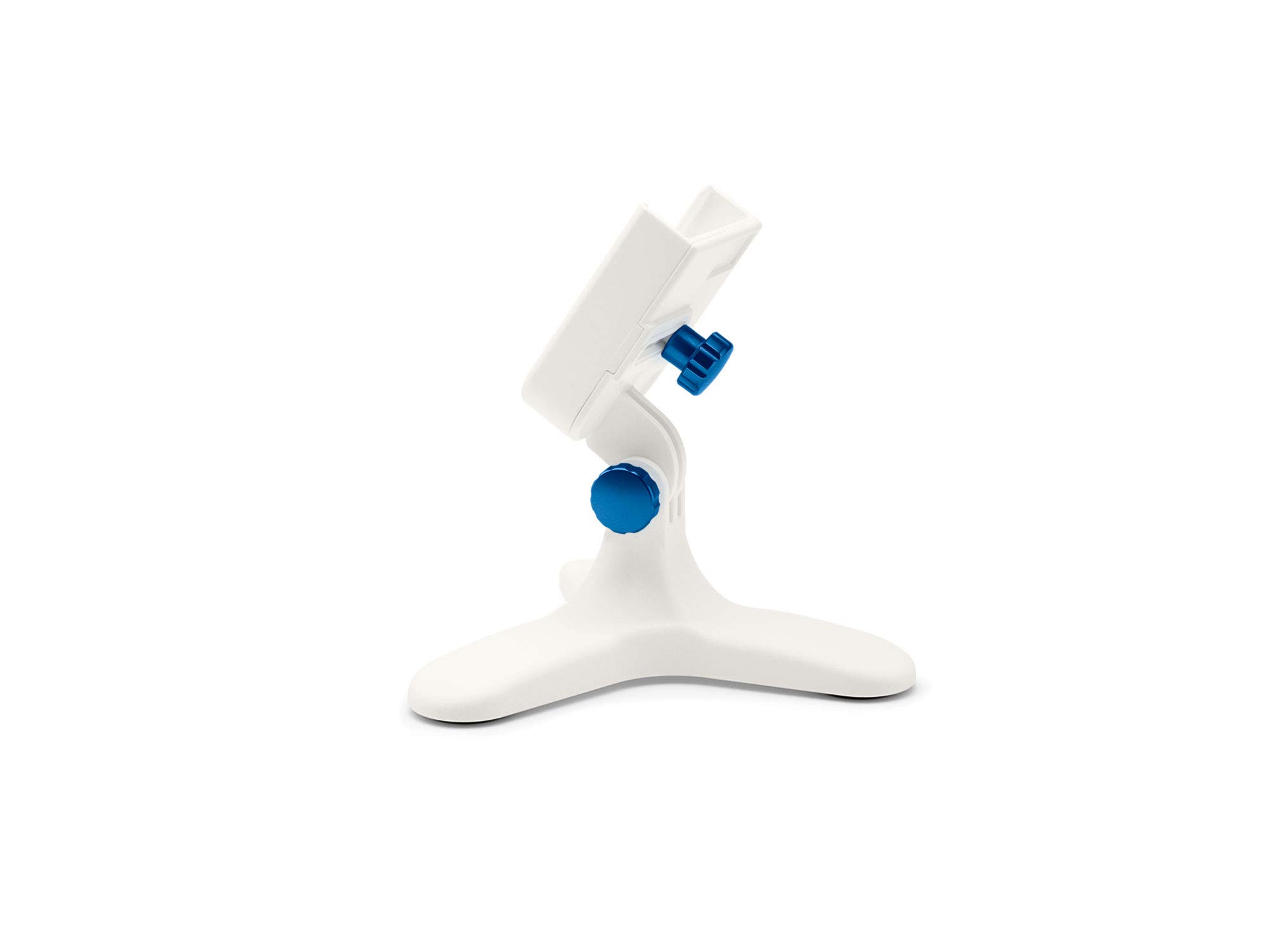 WeatherTech DeskFone in White - Adjustable, Universal Cell Phone Holder Mount Stand for Desk, Counter, Table - Tripod Design for iPhone &amp; Smartphone Charging - Royal Blue Metal Knobs