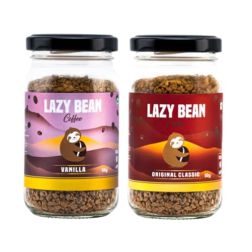 Image of Lazy Bean Instant Coffee Combo - Original Classic & Vanilla Flavoured (50g Each) | Premium Strong Coffee Powder | Smooth Medium Roast, Rich Aroma | Quick Dissolving | Hot & Iced Coffee