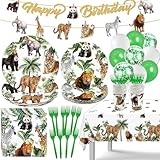 Jungle Theme Safari Birthday Party Decorations, Wild Animal Plates and Napkins for Boy Kids Jungle Dinnerware with Cups Tablecloth Banner and Balloons for Zoo Theme Birthday Decorations,Serve 20