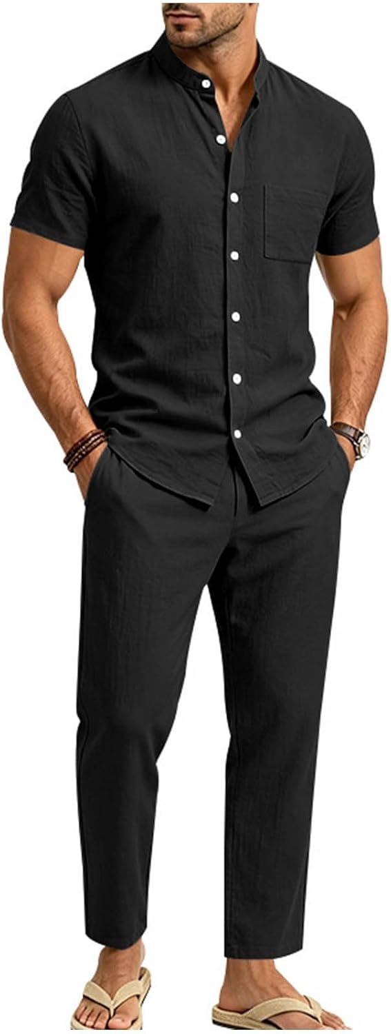 Men's 2 Piece Mandarin Collar Shirt And Casual Pants Set