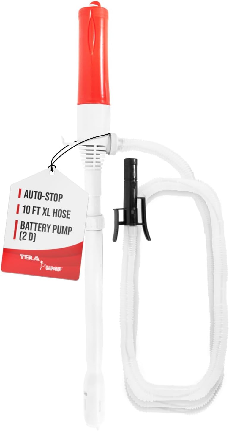 TERA PUMP - Gas Transfer Pump, Battery Operated, Auto-Stop Nozzle Prevents Fuel Loss, Powerful Suction, 10ft Extra Long Hose, Up to 2.2 GPM, for Gasoline, Diesel, E15 to E85 and more