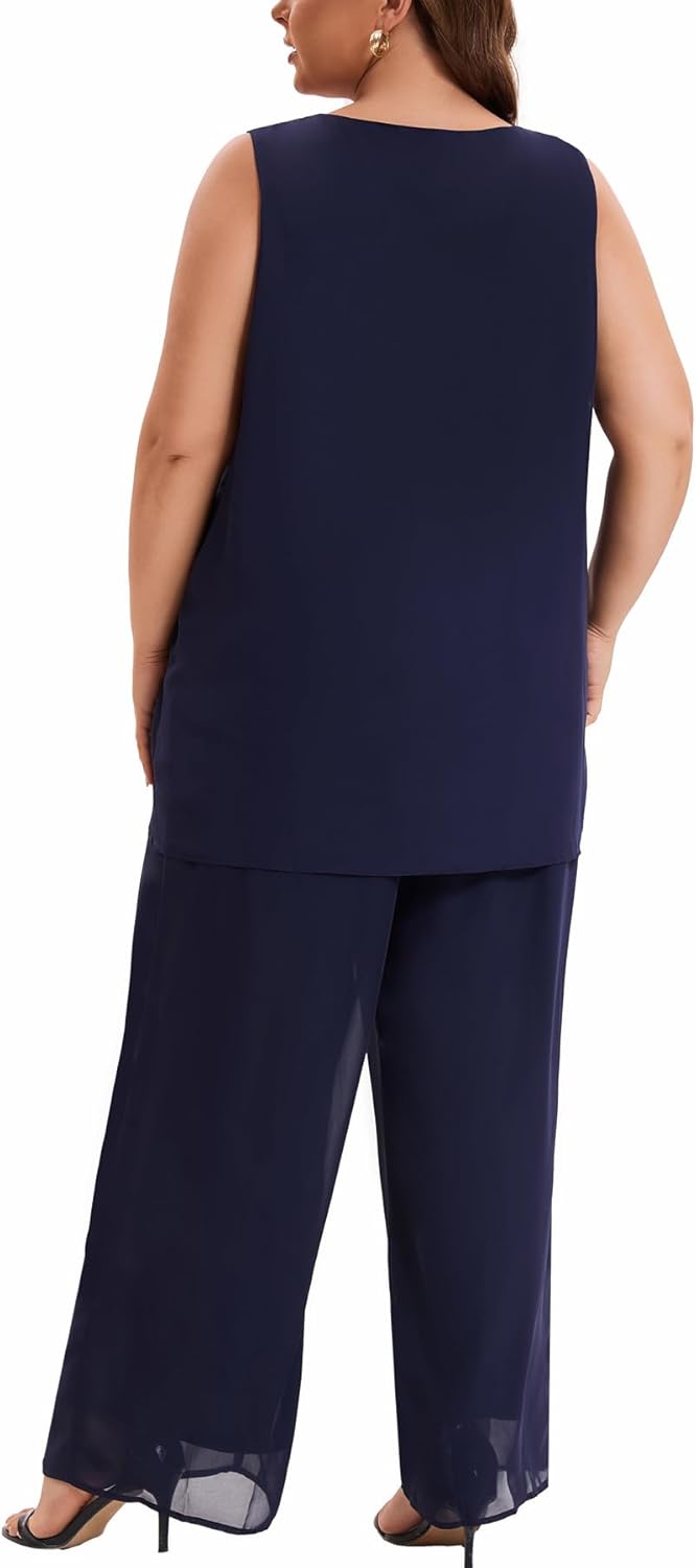 Plus Size Mother of Bride Pant Suits 3 Piece Chiffon Party Sets Handmade Sequins Wedding Guest Outfit - Image 4