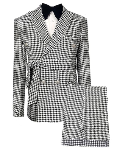 Ulnomio Men's Houndstooth Suit Two Pieces Double Breasted Buttons Jacket Pants for Formal/Party Tuxedos