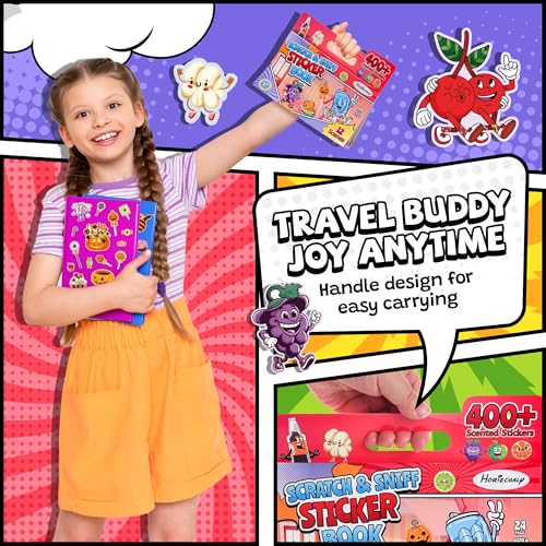 HORIECHALY Sticker Books for Toddlers 2-4 Years, Scratch and Sniff Kid Sticker Book with 12 Scenes & 400+ Scented Food Stickers, Portable Handle for Travel/Airplane, Smelly Craft Gift for Boy and Girl