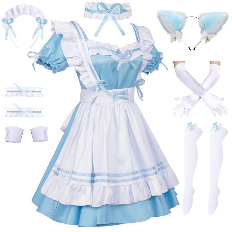 Anime French Maid Dress Damen Maid Outfit Lolita Kostüm Niedliche Cosplay Kleid Dienstmädchen Kostüm mit Schürze Kopfbänder Handschuhe Strümpfe Set für Faschingskostüm Halloween Karneval Blau M