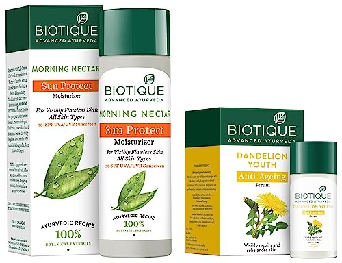 Image of Biotique Bio Dandelion Visibly Ageless Serum, 40 Ml And Bio Morning Nectar Sunscreen For All Skin Types Ultra Soothing Face Lotion, Spf 30+, 120Ml, Pack Of 1