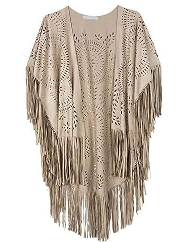 Chal de Flecos Boho para Playa y Capa Vintage Calada de Gamuza Caqui 2