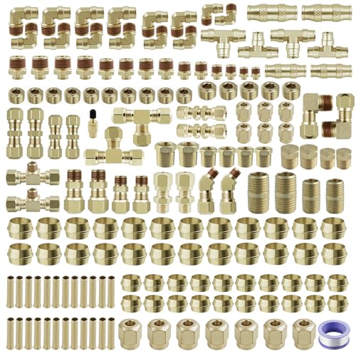 170Pcs DOT Air Brake Line Fittings & Brass Air Nylon Tube Compression Fittings Assortment Kits 1/4 1/8 3/8 1/2 NPT Push To Connect Fittings Quick Connect Air Hose Fittings for Truck or Air System