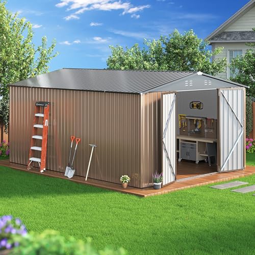 Image of AirWire 10x14 FT Outdoor Storage Shed, Large Garden Shed with Updated Frame Structure and Lockable Doors, Metal Tool Sheds for Backyard Garden Patio Lawn, Brown