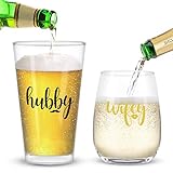 Wifey and Hubby Wine Glass and Beer Glass Novelty Gift Set for Engagement Newlywed Wedding Anniversa