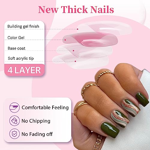 Kxamelie Green Swirl Press On Nails Short Glitter Sequins Short Coffin Fake Nail For Women Girls Daily Wear,Salon Perfect False Nails #TOP4