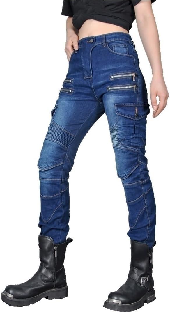 – Women Moto Jeans Motorcycle Pants Motorbike Biker Trousers with Zipper (UK, Waist & Inseam, 30, 31, Blue)