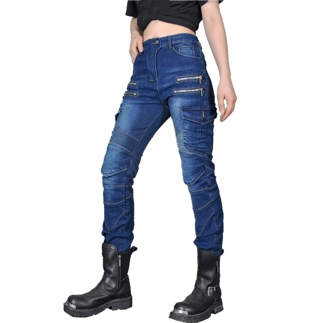 Donna Moto Jeans Motociclette Pantaloni con Fodera Protettiva Motorcycle Pants (IT, Misura del girovita & Misura del Cavallo, 28, 31, Blu)