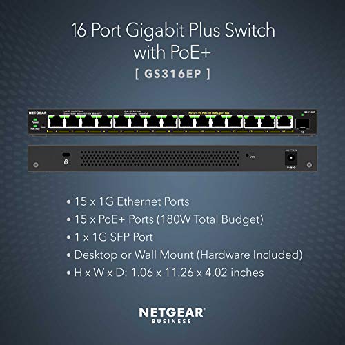 Netgear 16-Port Poe Gigabit Ethernet Plus Switch (Gs316Ep) - Managed, With 15 X Poe+ @ 180W, 1 X 1G Sfp Port, Desktop Or Wall Mount #TOP1