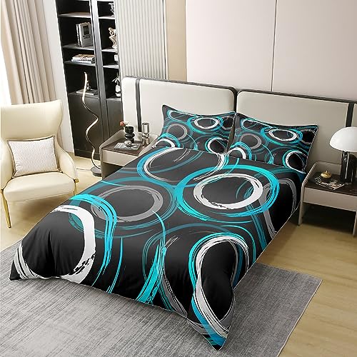 Geometric Cotton Duvet Cover for Kids Boys Girls,Mid Century Swirl Circle Bedding Set Super King,Watercolor Ombre Comforter Cover,Abstract Art Bed Sets with 2 Pillowcases,Teal Black White - Image 2