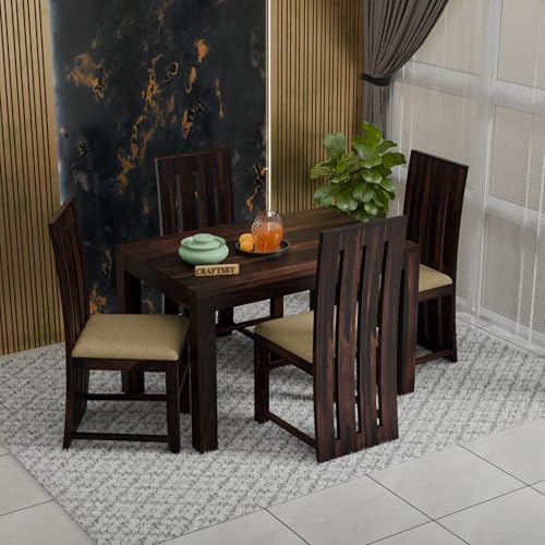 Image of 45 Inches Length Solid Sheesham Wood 4 Seater Dining Table Set | Four Seater Dinner Table with 4 Cream Cushions High Chairs| Dinning Table Set 4 Seater for Living Room| Walnut Finish