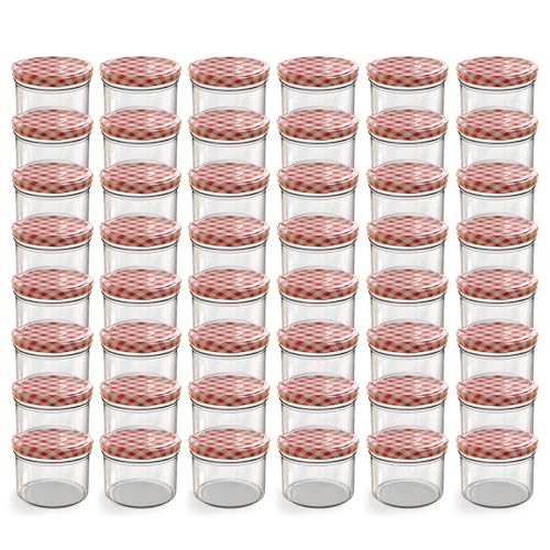 Oputec Lot de 48 bocaux de 230 ml avec couvercle à visser rouge à carreaux – Parfait pour les confitures, les confitures et plus encore, petits bocaux avec...