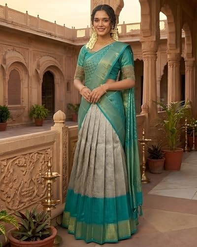 Image of Women's Jacquard Semi-Stitched Lehenga Choli Set with Dupatta (Cream-Firozi) Traditional Indian Wedding Lehenga Saree Style Ethnic Bridal, Mehendi & Festive Outfit for Women & Girls