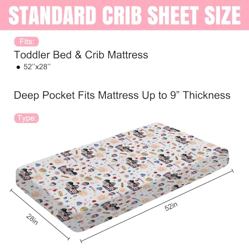 Image of American Flag Trucks Crib Mattress Sheet 52''x28'' 4th of July Patriotic Stars Burgers Stretchy Fitted Crib Mattress Sheet for Boy Girl Soft Nursery Baby Sheets for Standard Crib and Toddler Mattress