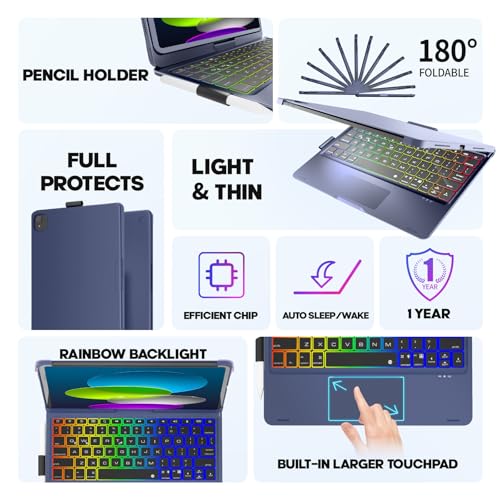 Image of NOKBABO for iPad 10th 11th (A16) Generation Case with Keyboard, iPad Air 11 case (M4 /M3 /M2), Keyboard for iPad Pro 11 (4th /3rd /2nd /1st) & iPad Air 5 /4, Trackpad, 360 Swivel, Backlit - Midnight Blue