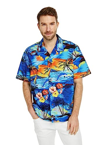 Image of Hawaii Hangover Family Matching Hawaiian Clothes, Sunset Blue | Family matching Hawaiian outfits, Sunset Blue, 100% cotton, machine washable, tropical floral print, luaus, cruises